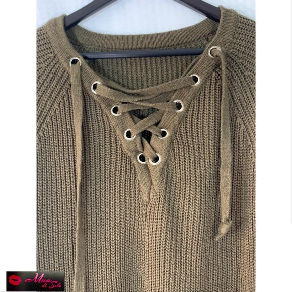 Green Oversize Chunky Lace Up Neckline Sweater - Picture 2 of 3